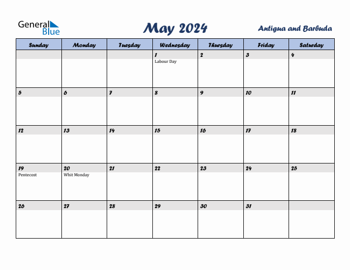 May 2024 Calendar with Holidays in Antigua and Barbuda