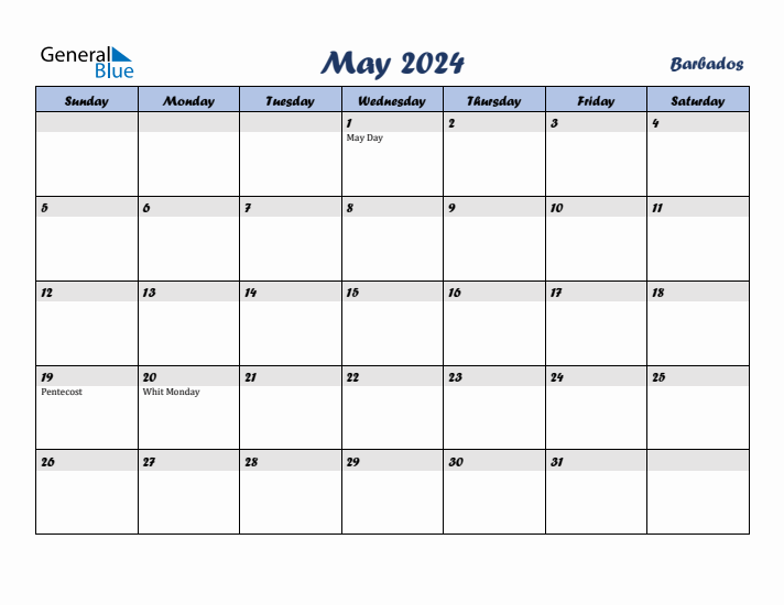 May 2024 Calendar with Holidays in Barbados