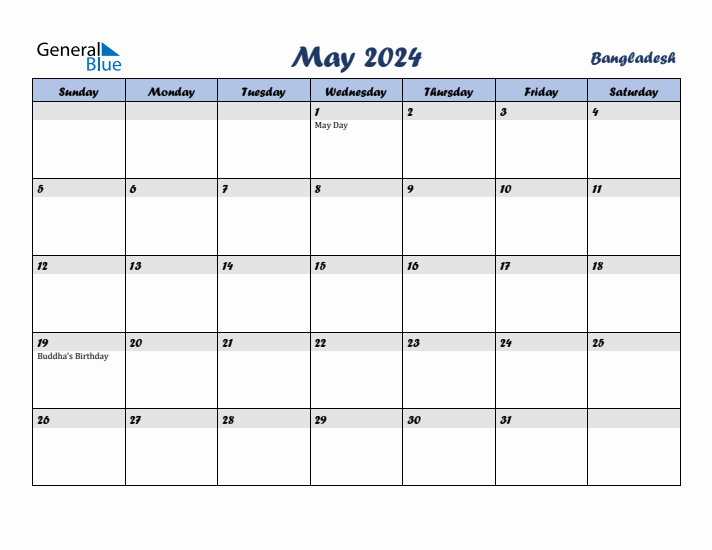 May 2024 Calendar with Holidays in Bangladesh