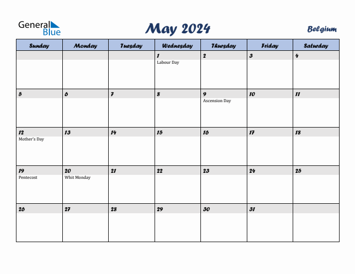 May 2024 Calendar with Holidays in Belgium