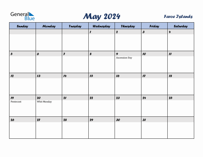 May 2024 Calendar with Holidays in Faroe Islands