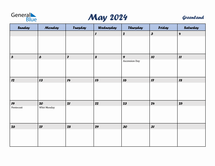 May 2024 Calendar with Holidays in Greenland