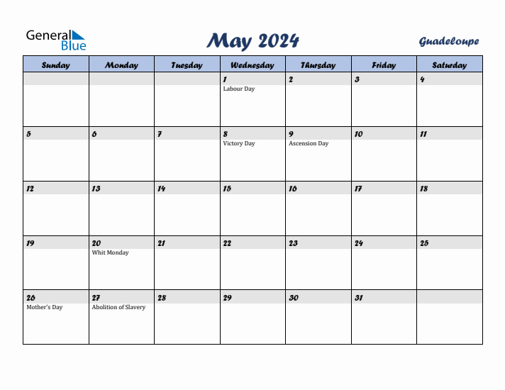 May 2024 Calendar with Holidays in Guadeloupe