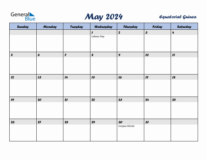 May 2024 Calendar with Holidays in Equatorial Guinea