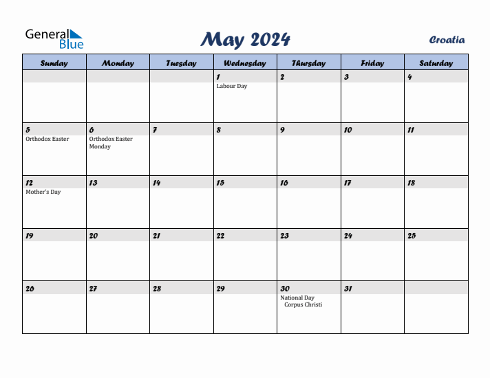 May 2024 Calendar with Holidays in Croatia