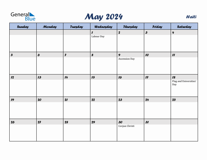 May 2024 Calendar with Holidays in Haiti
