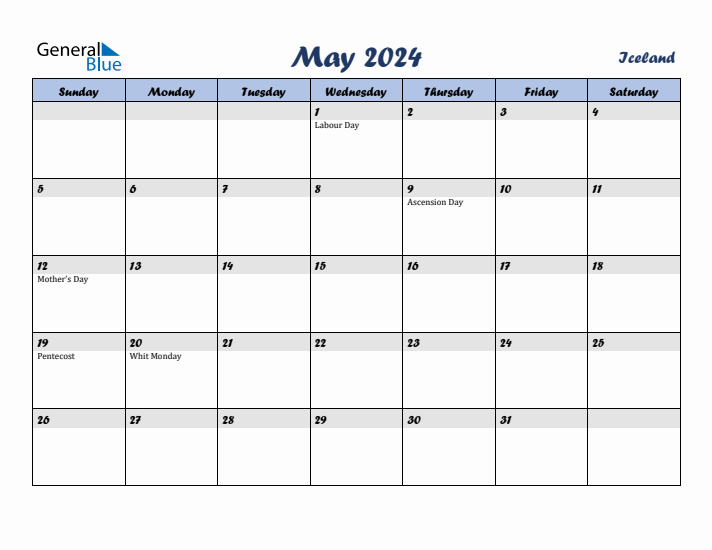 May 2024 Calendar with Holidays in Iceland