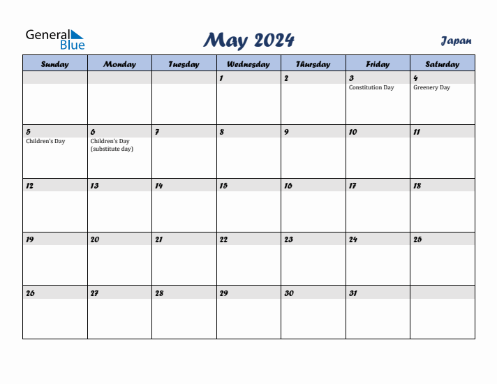May 2024 Calendar with Holidays in Japan