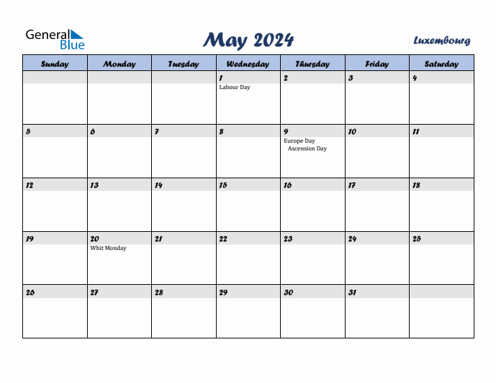 May 2024 Calendar with Holidays in Luxembourg
