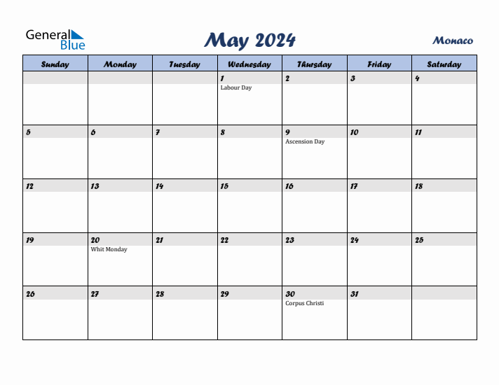 May 2024 Calendar with Holidays in Monaco