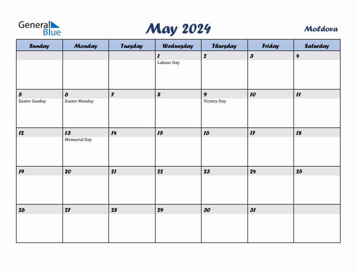 May 2024 Calendar with Holidays in Moldova