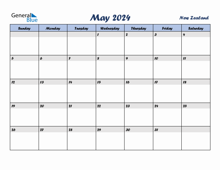 May 2024 Monthly Calendar with New Zealand Holidays