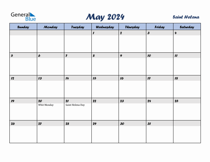 May 2024 Calendar with Saint Helena Holidays