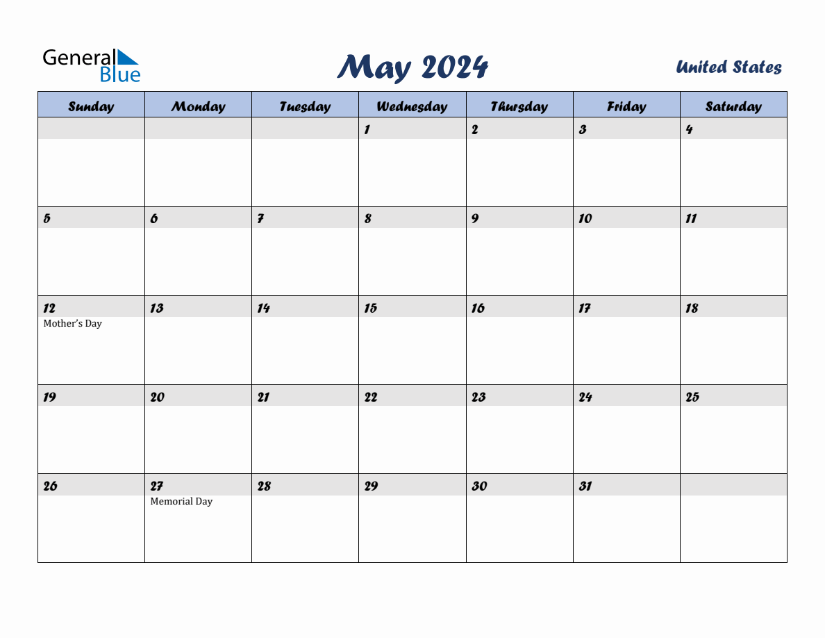 May 2024 Monthly Calendar Template with Holidays for United States