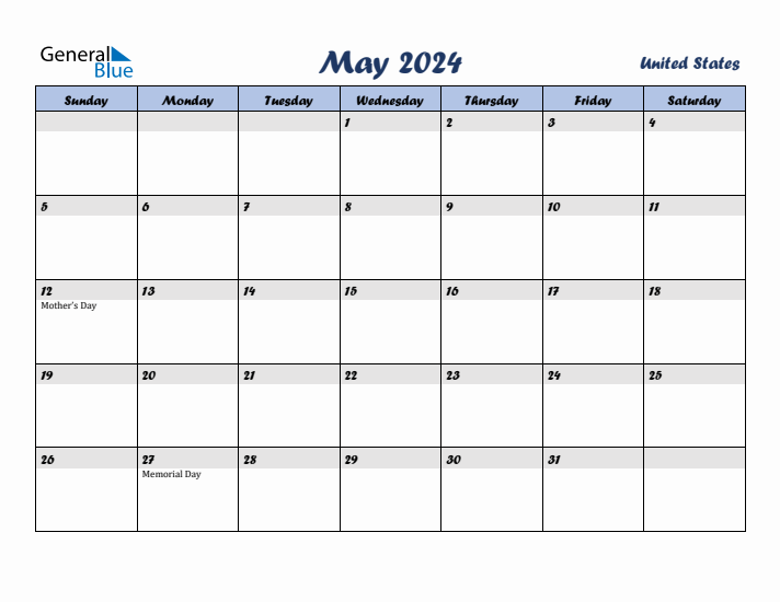 May 2024 Calendar with Holidays in United States