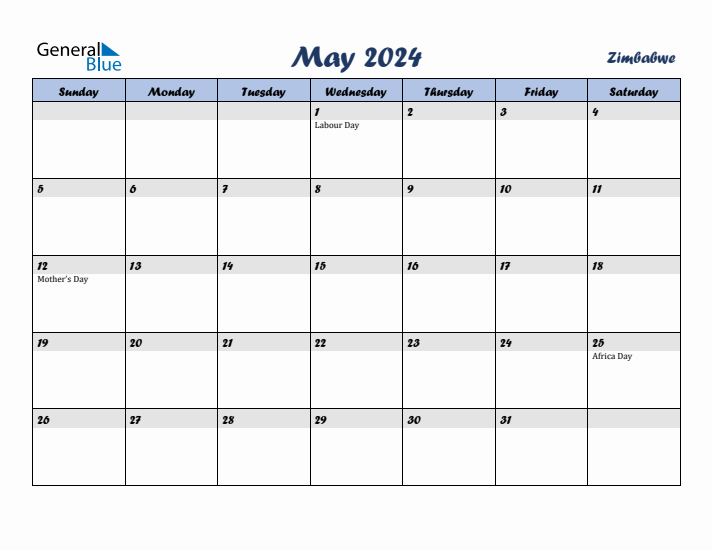 May 2024 Monthly Calendar with Zimbabwe Holidays