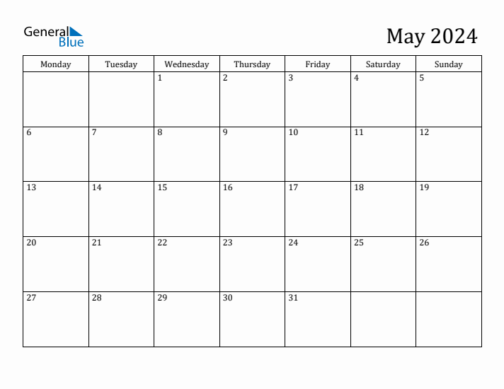 May 2024 Monthly Calendar Templates with Monday start