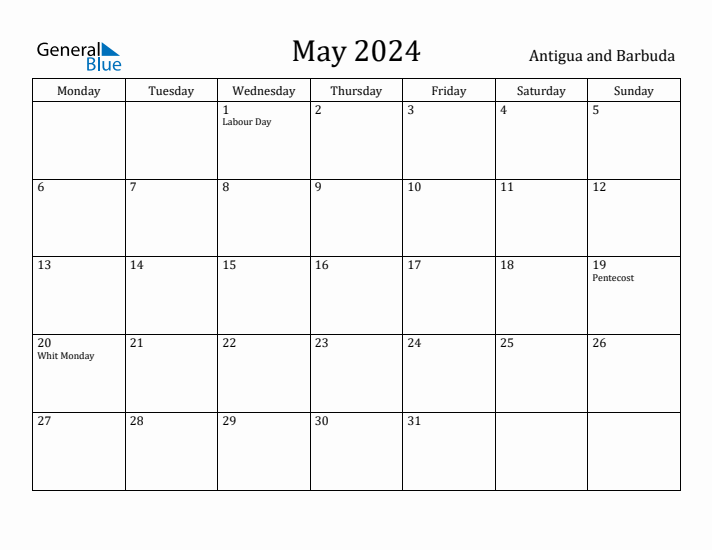 May 2024 Calendar Antigua and Barbuda