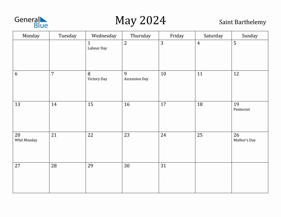 May 2024 Saint Barthelemy Monthly Calendar with Holidays