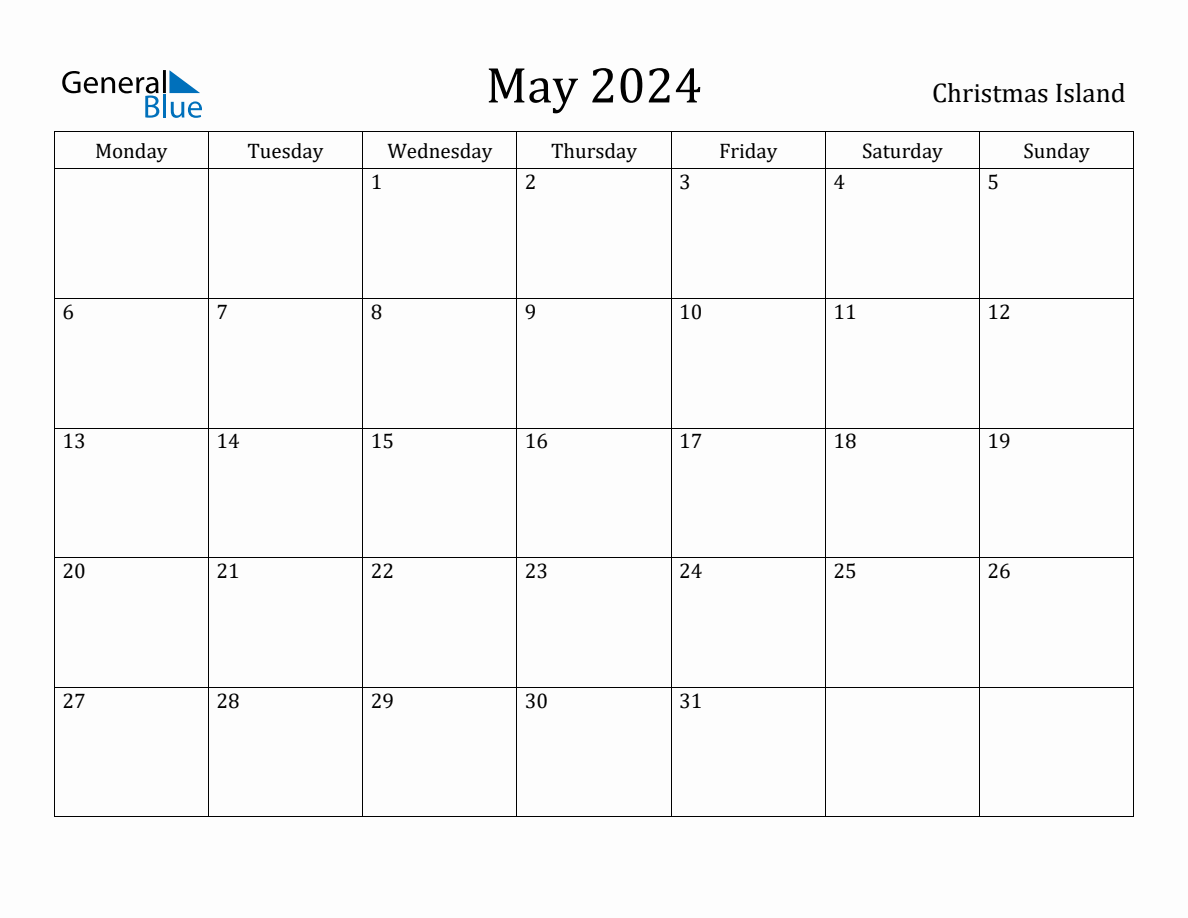 May 2024 Christmas Island Monthly Calendar with Holidays