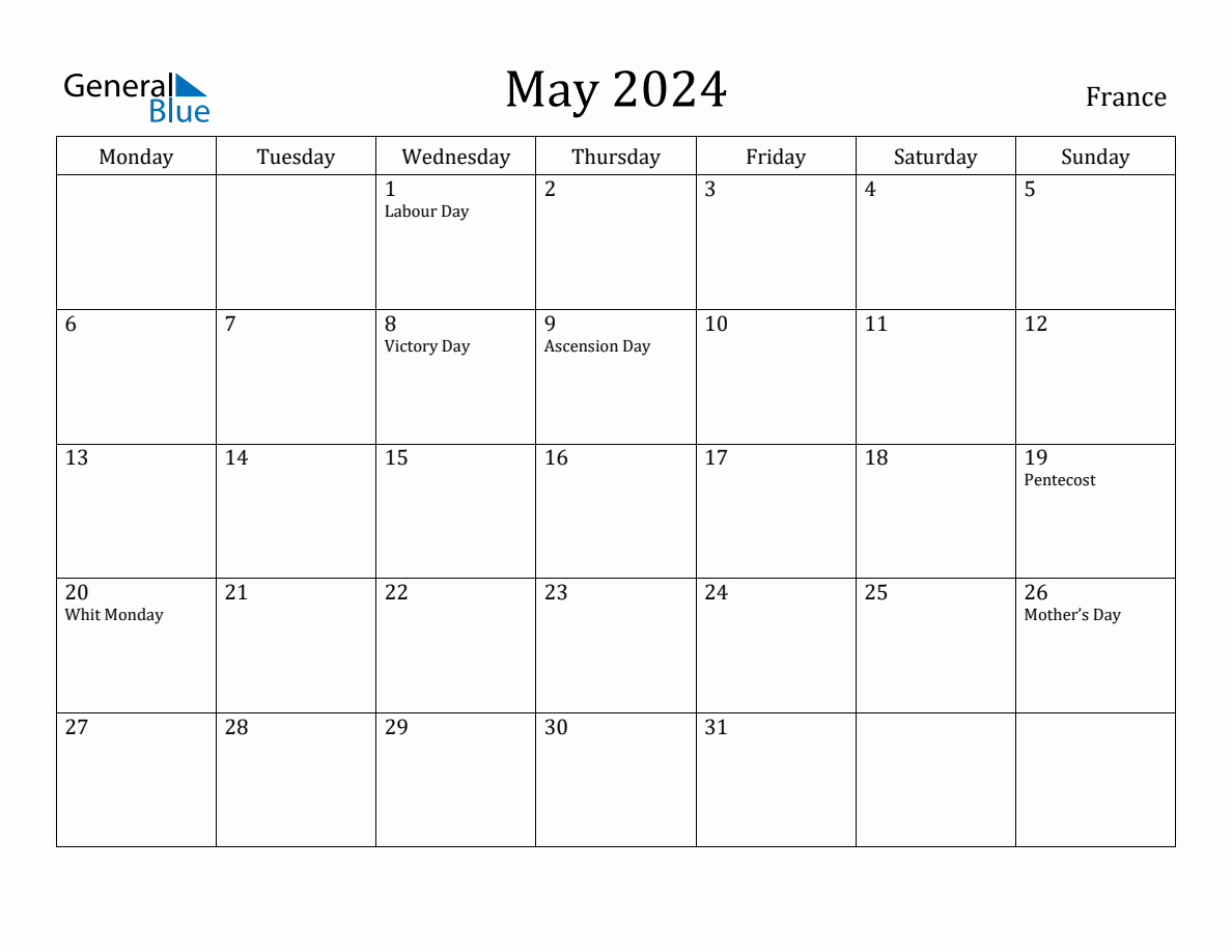 May 2024 France Monthly Calendar with Holidays