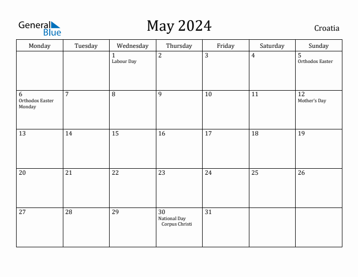May 2024 Calendar Croatia