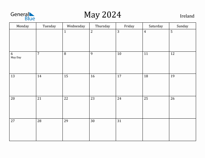 May 2024 Ireland Monthly Calendar with Holidays