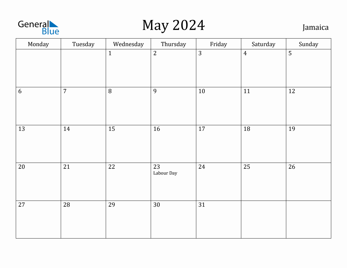 May 2024 Jamaica Monthly Calendar with Holidays