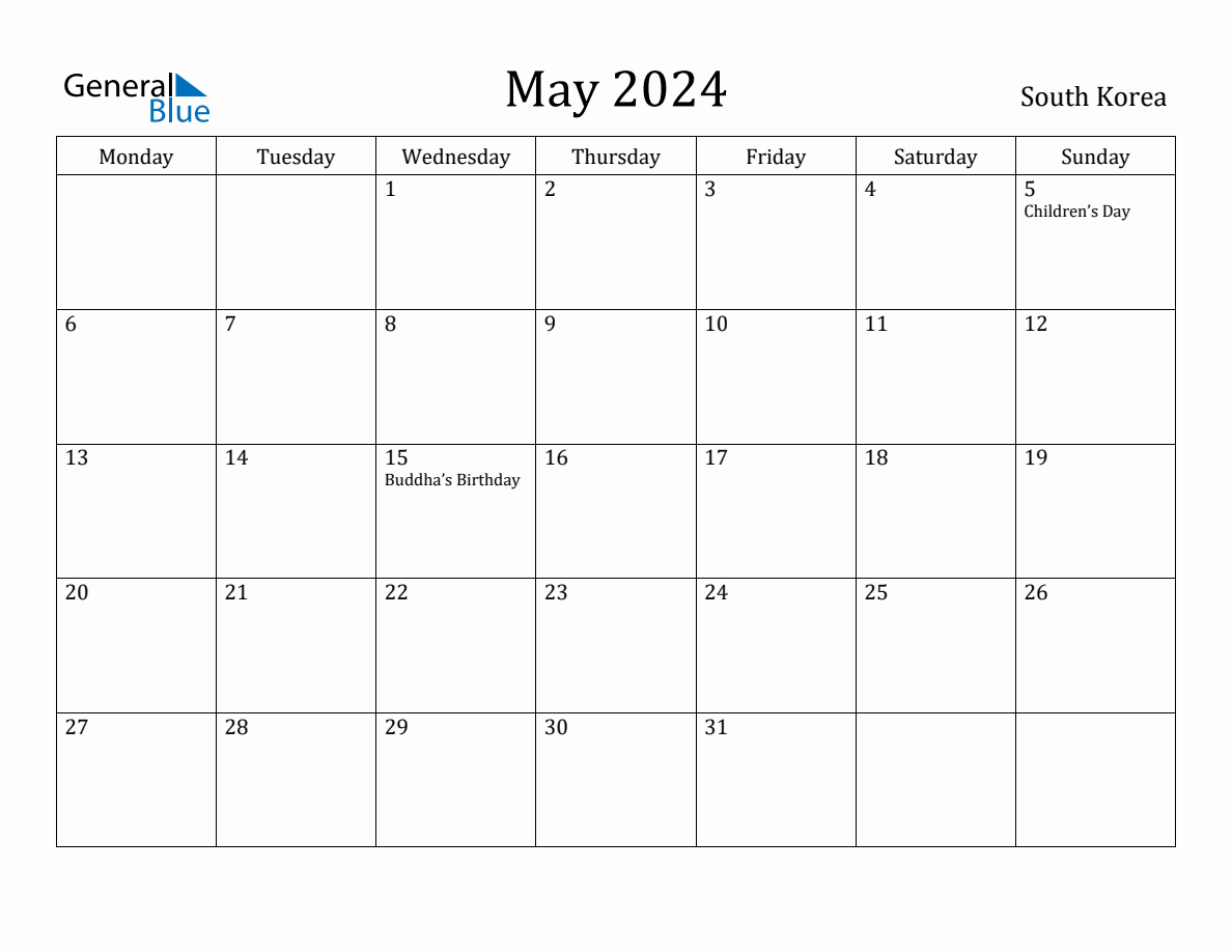 May 2024 Monthly Calendar with South Korea Holidays