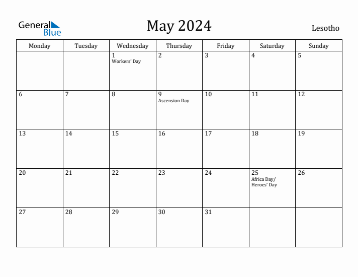 May 2024 Lesotho Monthly Calendar with Holidays