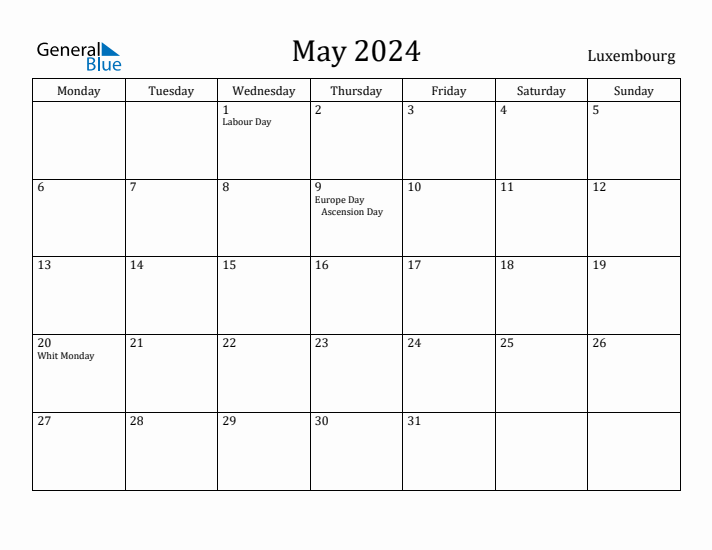 May 2024 Luxembourg Monthly Calendar with Holidays