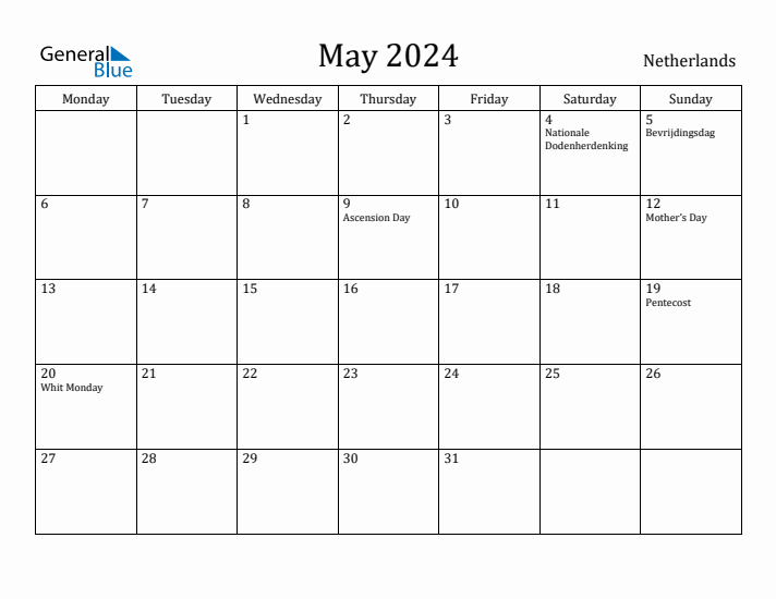 May 2024 Calendar The Netherlands