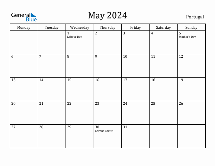 May 2024 Portugal Monthly Calendar with Holidays