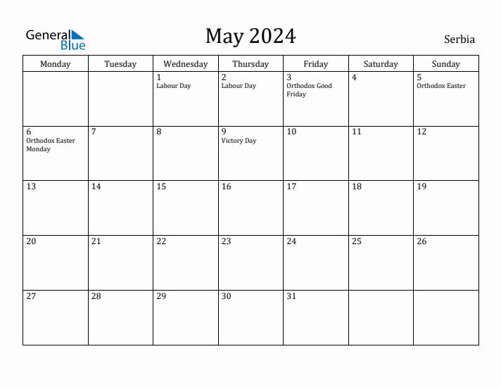 May 2024 Calendar Serbia