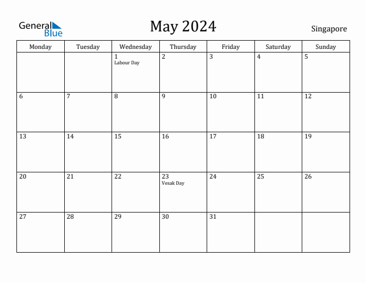 May 2024 Singapore Monthly Calendar with Holidays