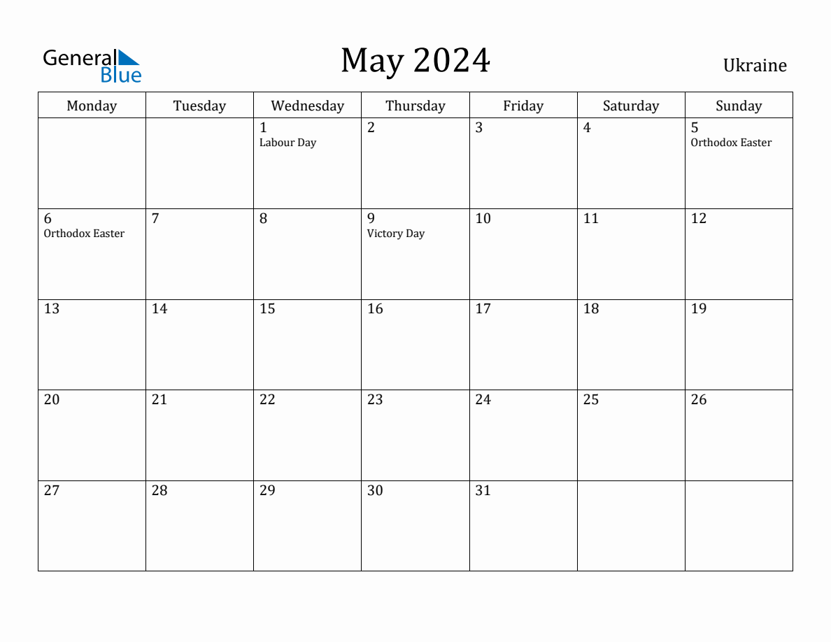 May 2024 Ukraine Monthly Calendar with Holidays