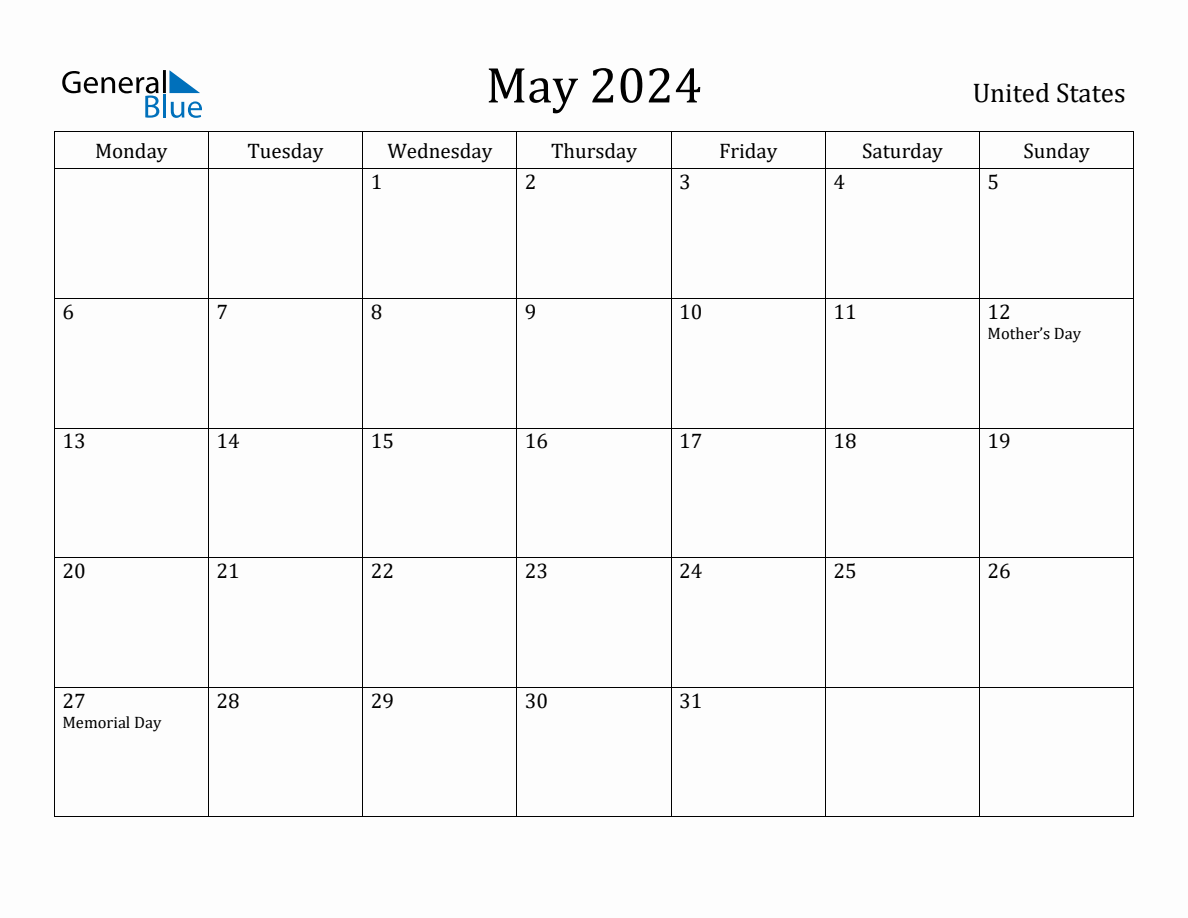 May 2024 United States Monthly Calendar with Holidays