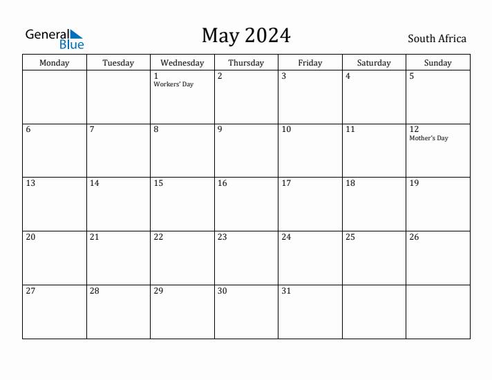 May 2024 Monthly Calendar with South Africa Holidays