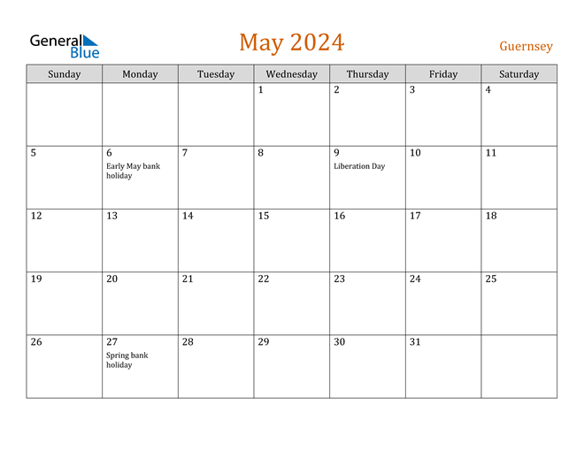 Guernsey May 2024 Calendar with Holidays