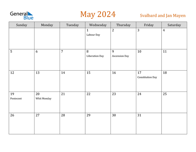 Svalbard and Jan Mayen May 2024 Calendar with Holidays