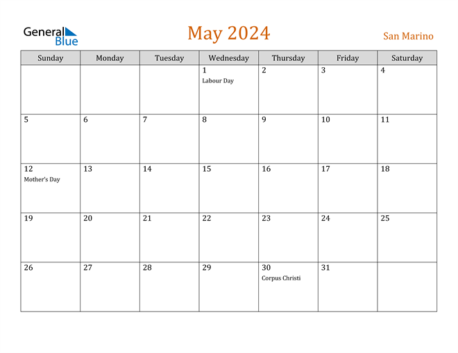 San Marino May 2024 Calendar with Holidays