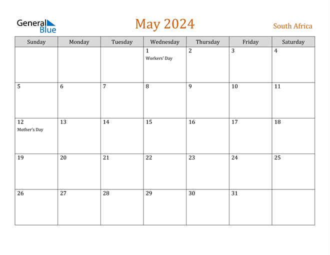 South Africa May 2024 Calendar with Holidays