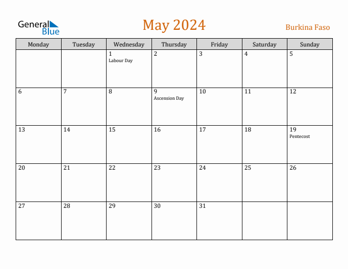 May 2024 Holiday Calendar with Monday Start