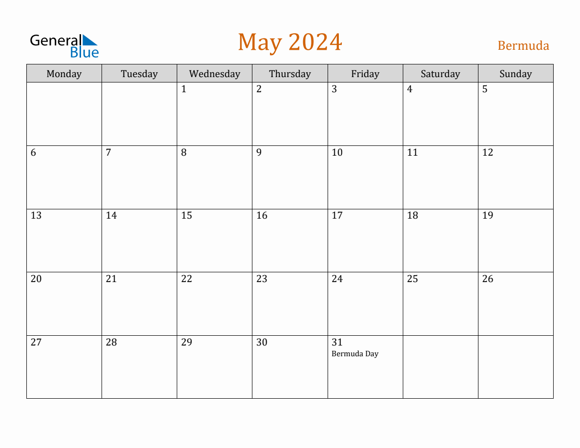 Free May 2024 Bermuda Calendar