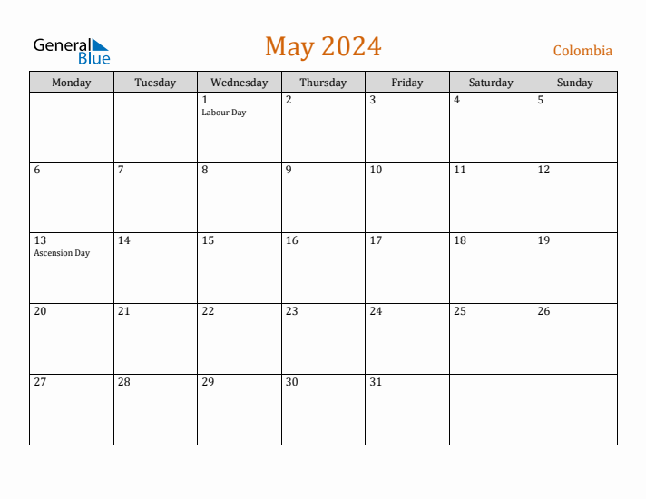 May 2024 Colombia Monthly Calendar with Holidays
