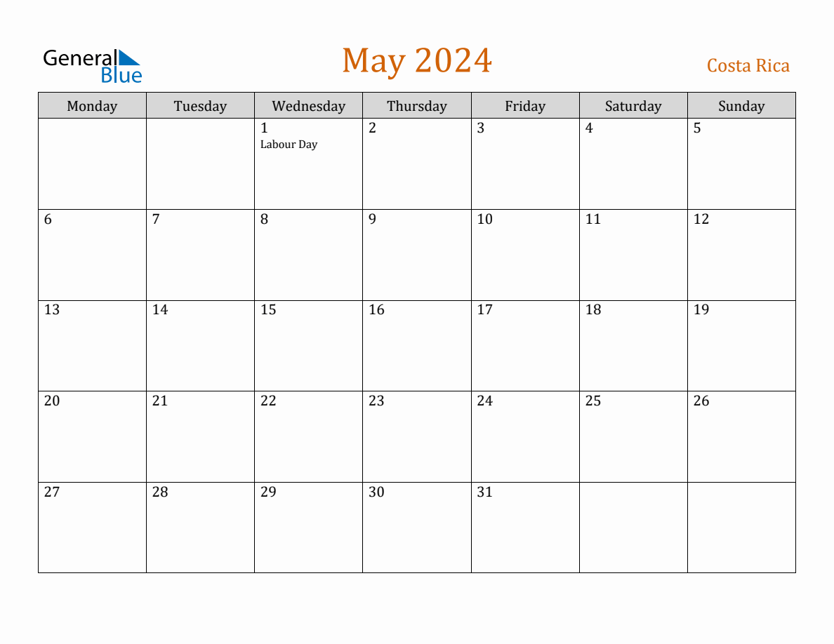 Free May 2024 Costa Rica Calendar