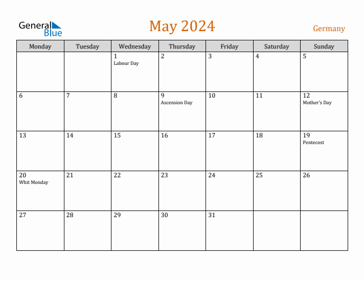 May 2024 Holiday Calendar with Monday Start