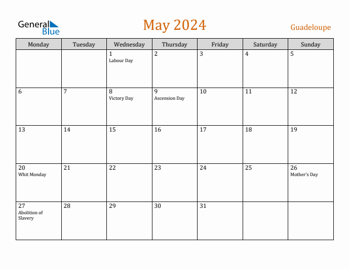 May 2024 Holiday Calendar with Monday Start