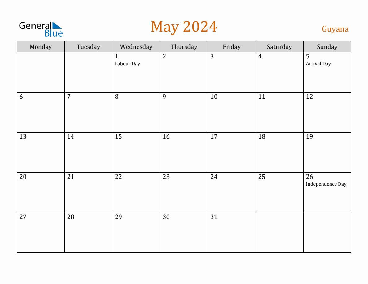 Free May 2024 Guyana Calendar