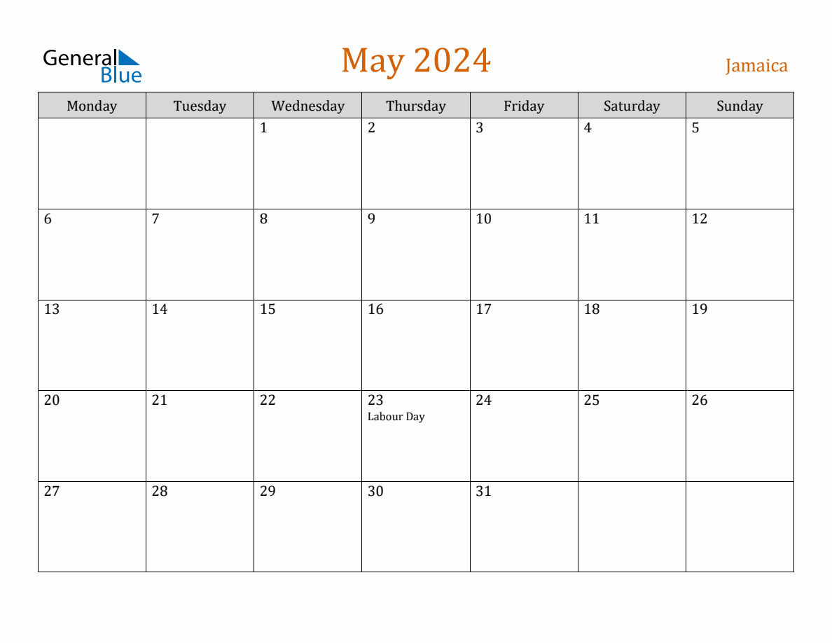 Free May 2024 Jamaica Calendar